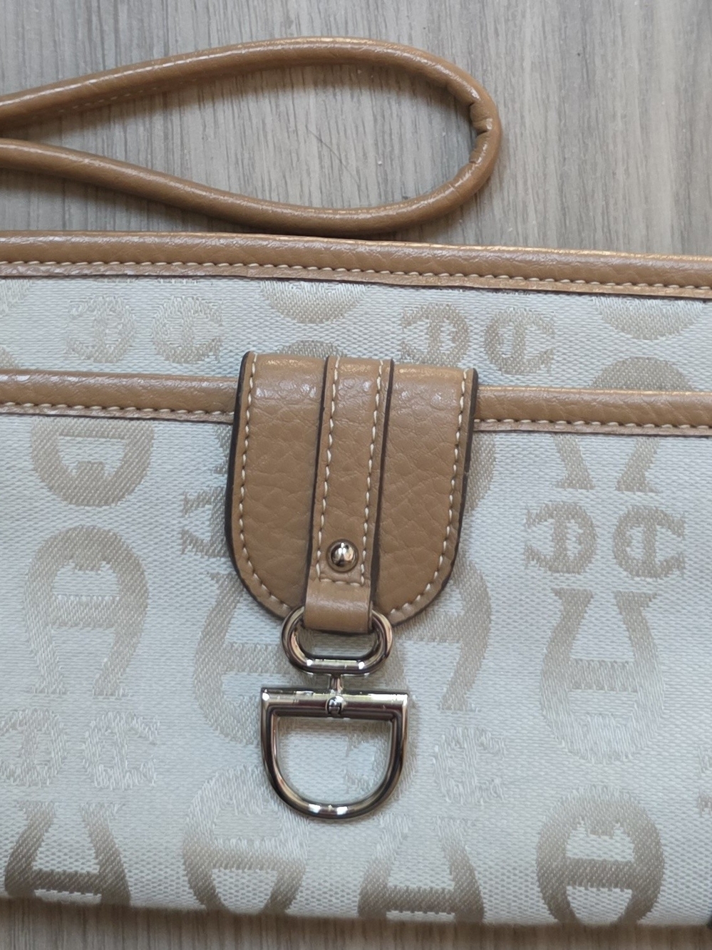 Tan Logo-Print Crossbody Bag with Gold Hardware